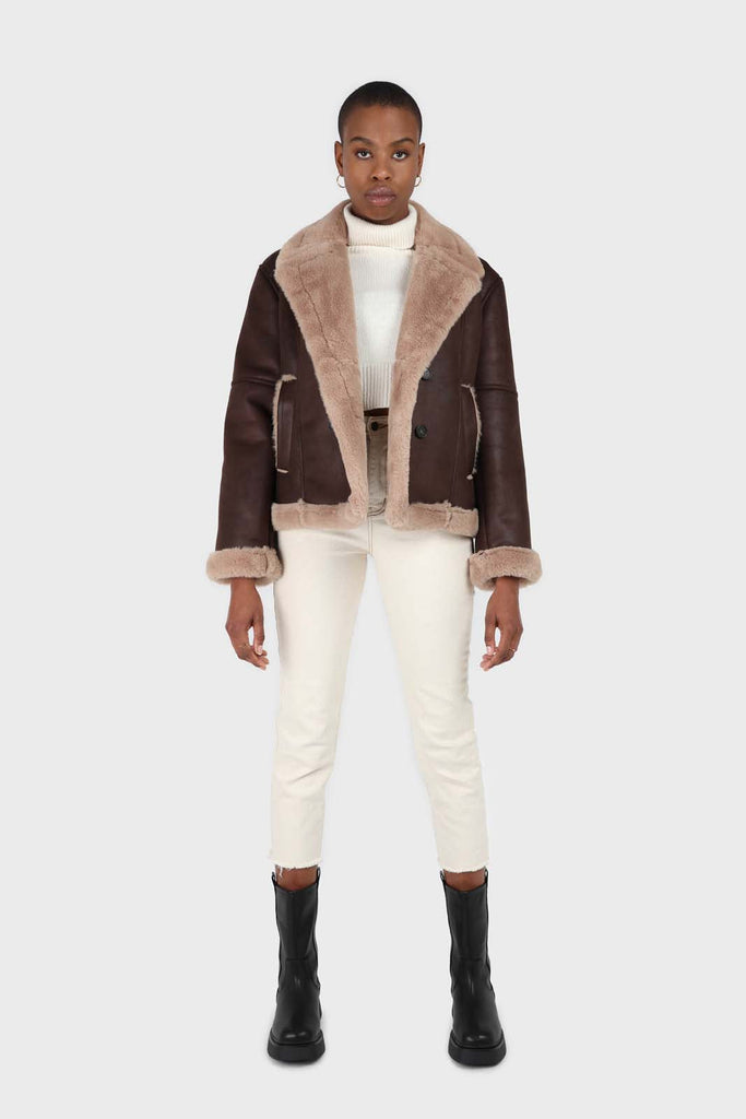 Brown and beige faux fur biker jacket_1
