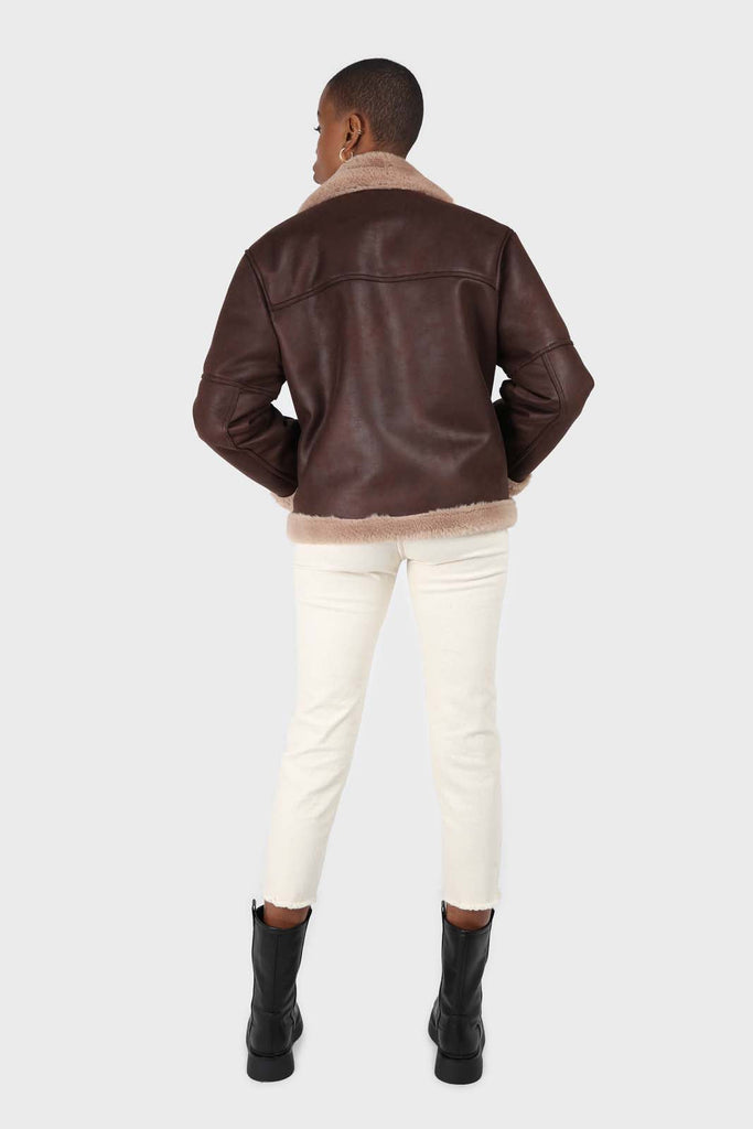Brown and beige faux fur biker jacket_5