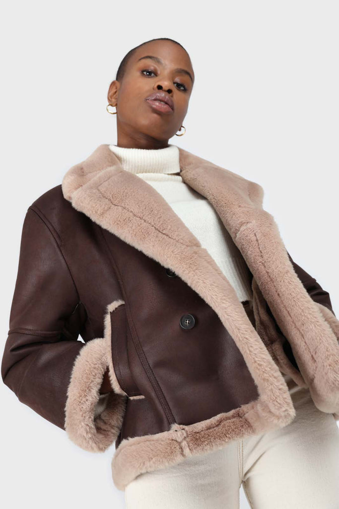 Brown and beige faux fur biker jacket_7