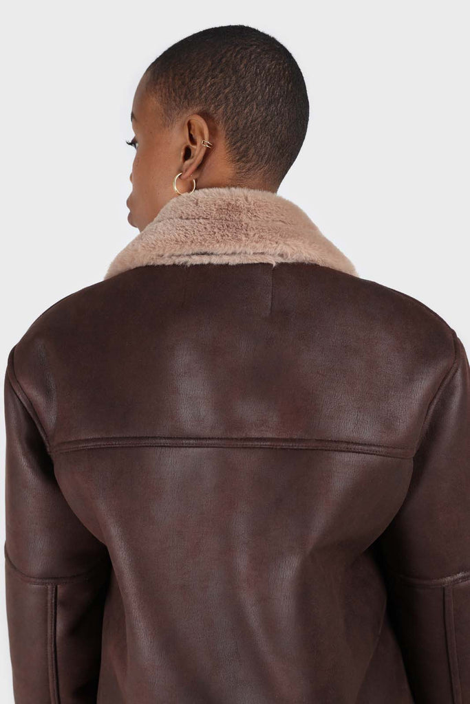 Brown and beige faux fur biker jacket_8