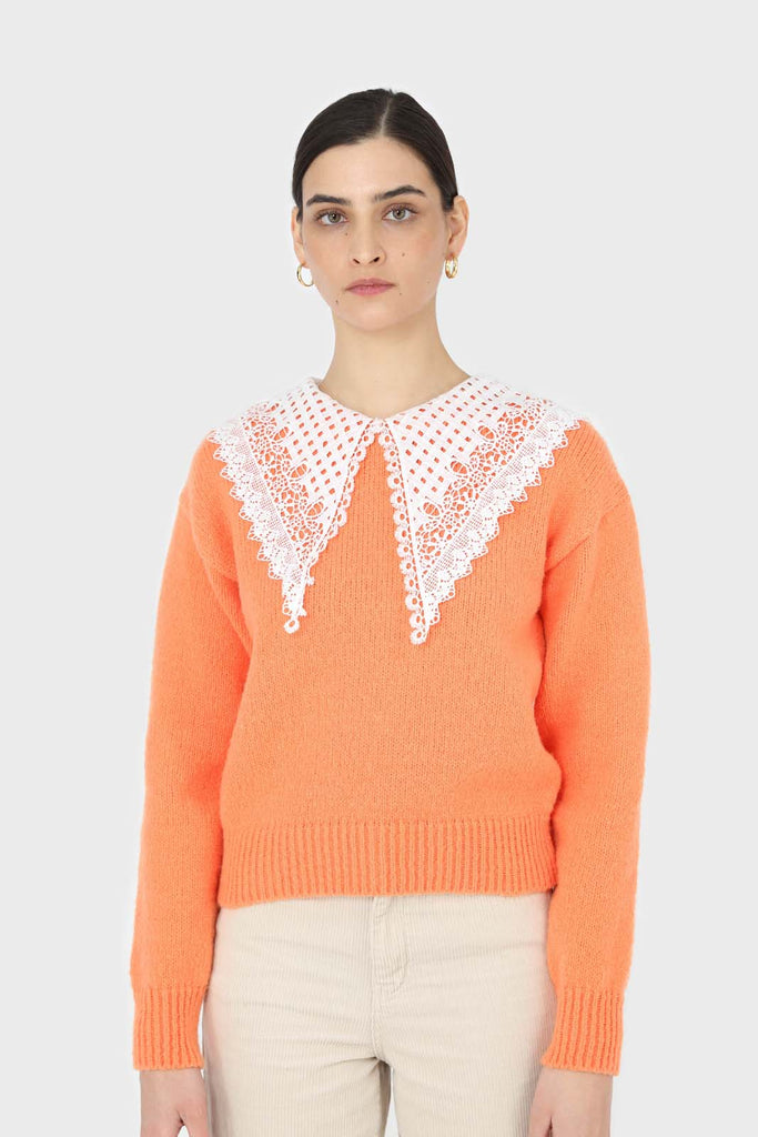 Orange large lace collar knit top_1