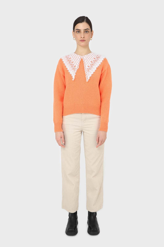 Orange large lace collar knit top_2