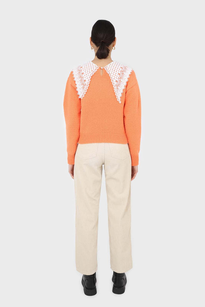 Orange large lace collar knit top_3