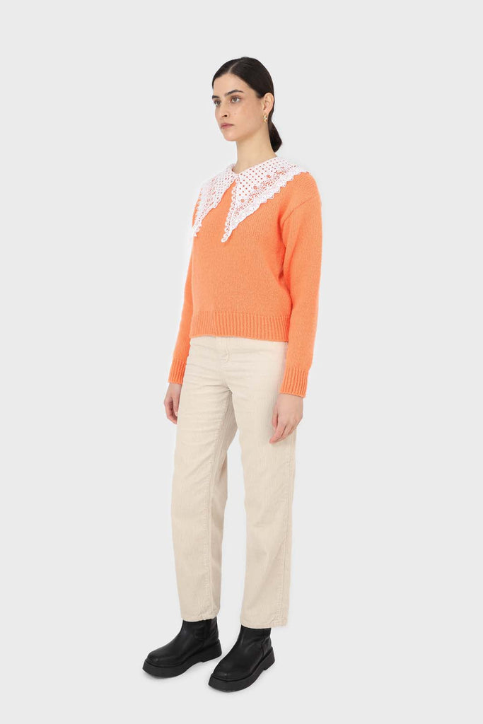Orange large lace collar knit top_4