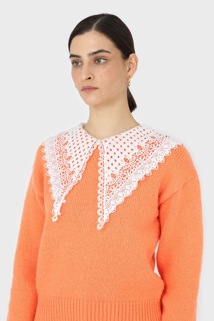Orange large lace collar knit top_5