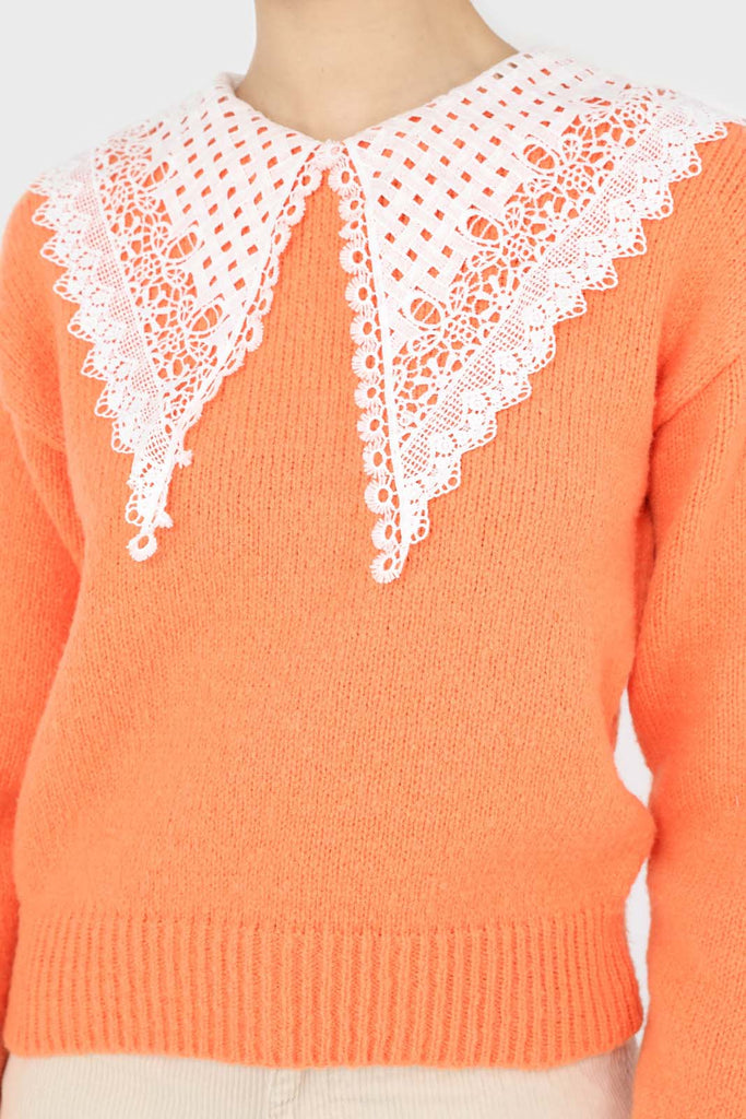 Orange large lace collar knit top_6