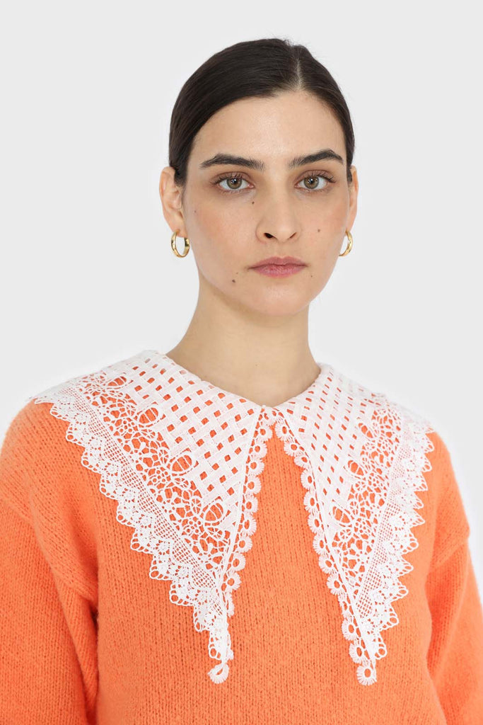 Orange large lace collar knit top_7