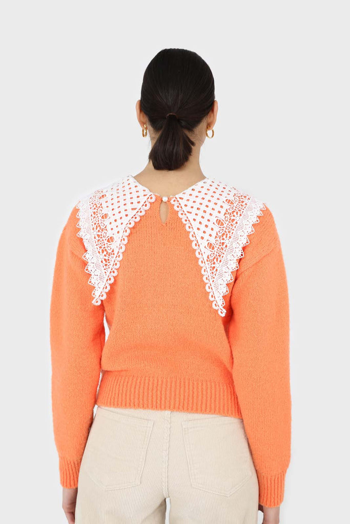 Orange large lace collar knit top_8