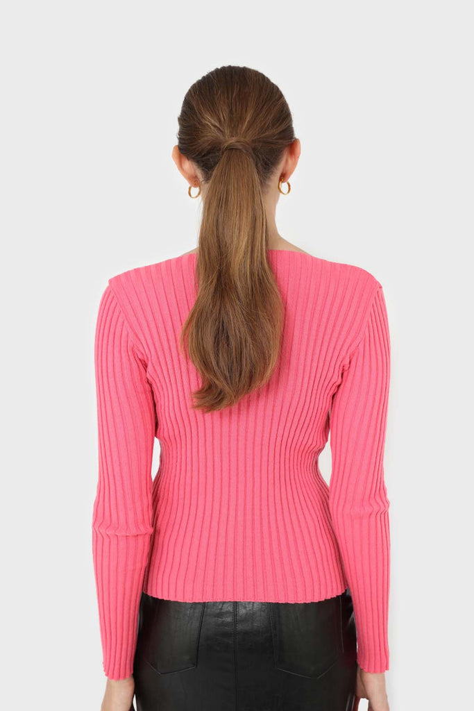 Hot pink ribbed V-neck fitted knit top_6