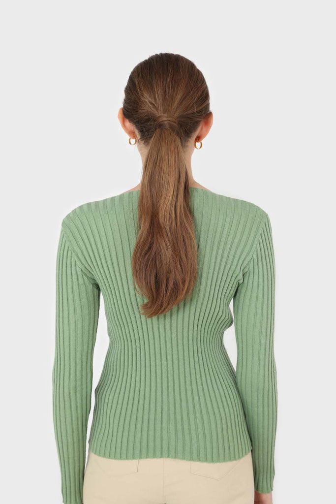 Mint green ribbed V-neck fitted knit top_3