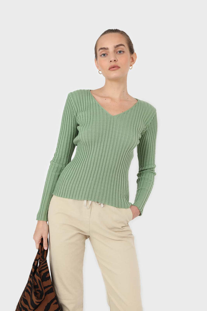 Mint green ribbed V-neck fitted knit top_2