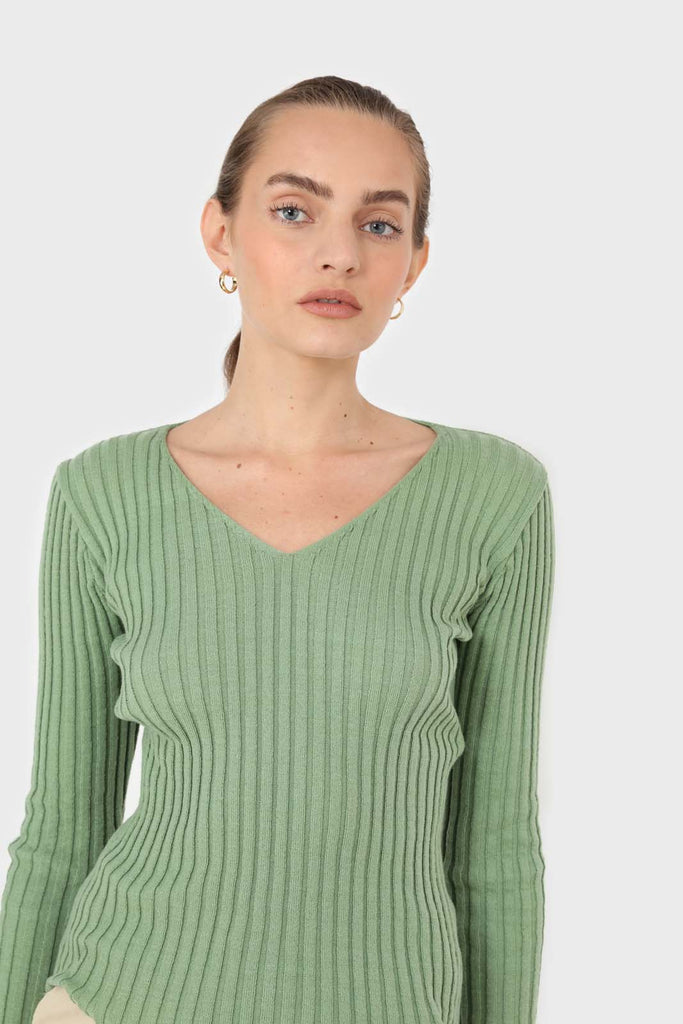 Mint green ribbed V-neck fitted knit top_6