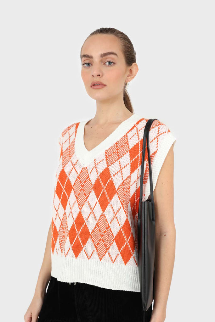 Ivory and orange bright argyle knit vest_1