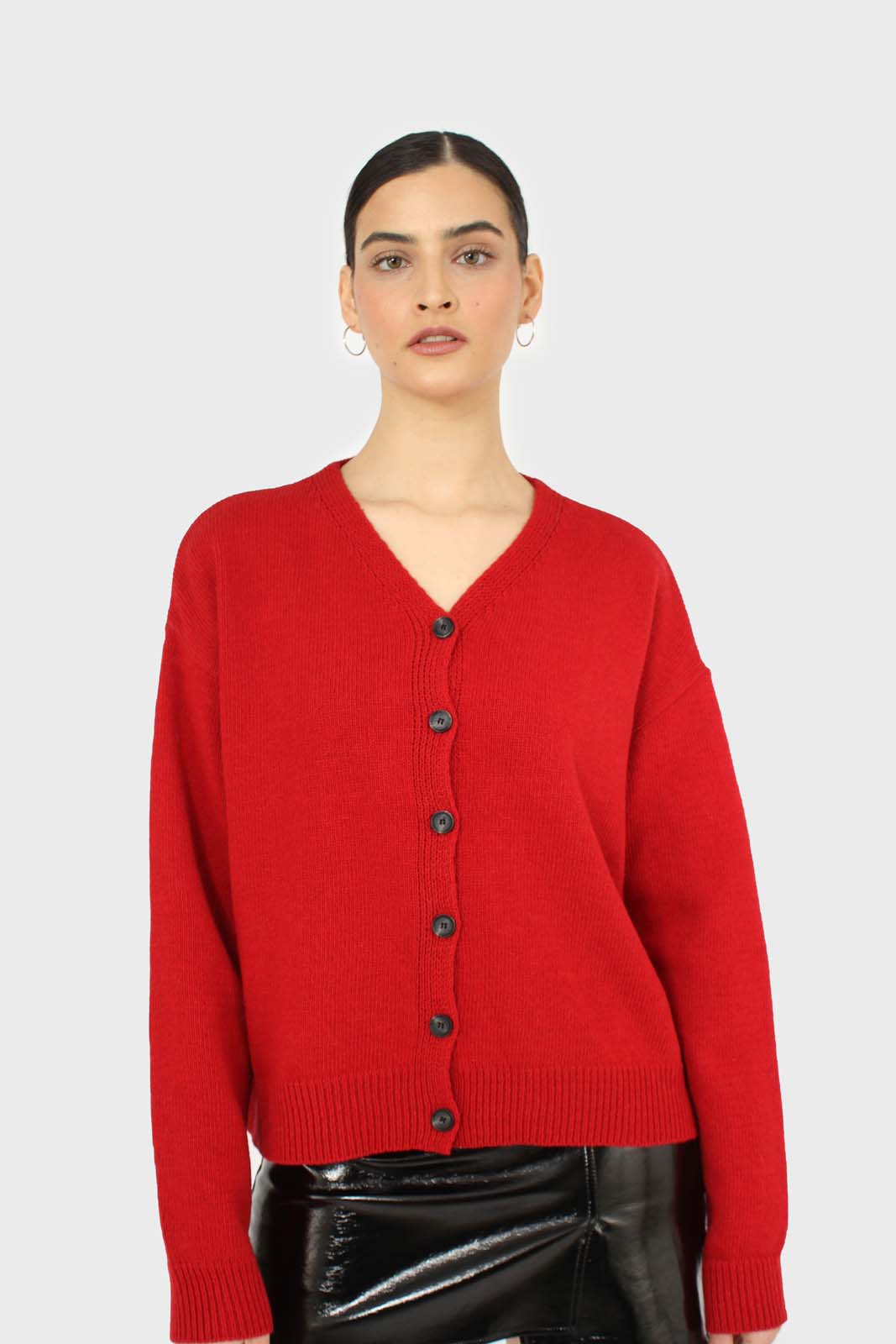 Red wool blend v-neck loose fit cardigan_5