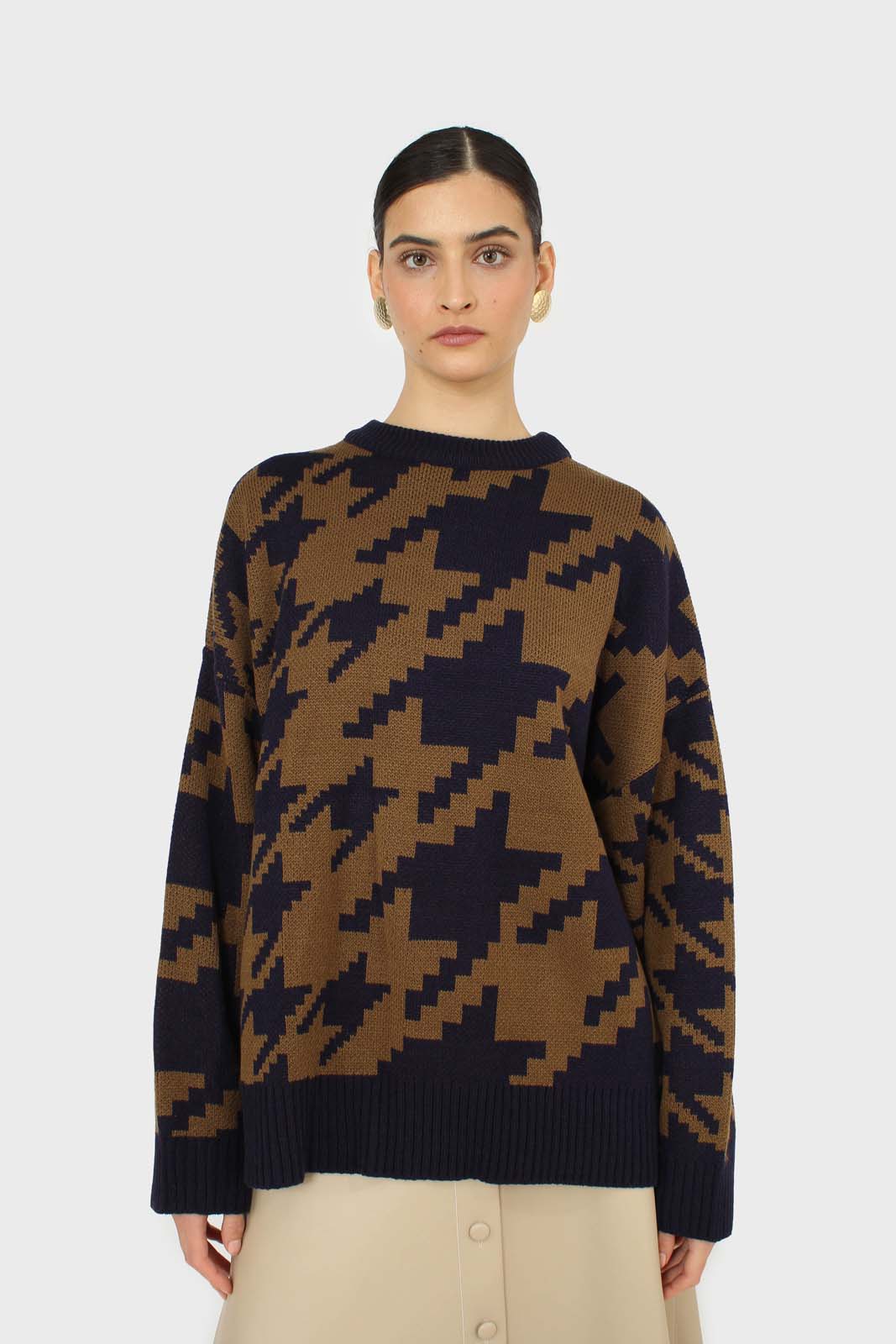 Navy and khaki houndstooth oversized jumper_1