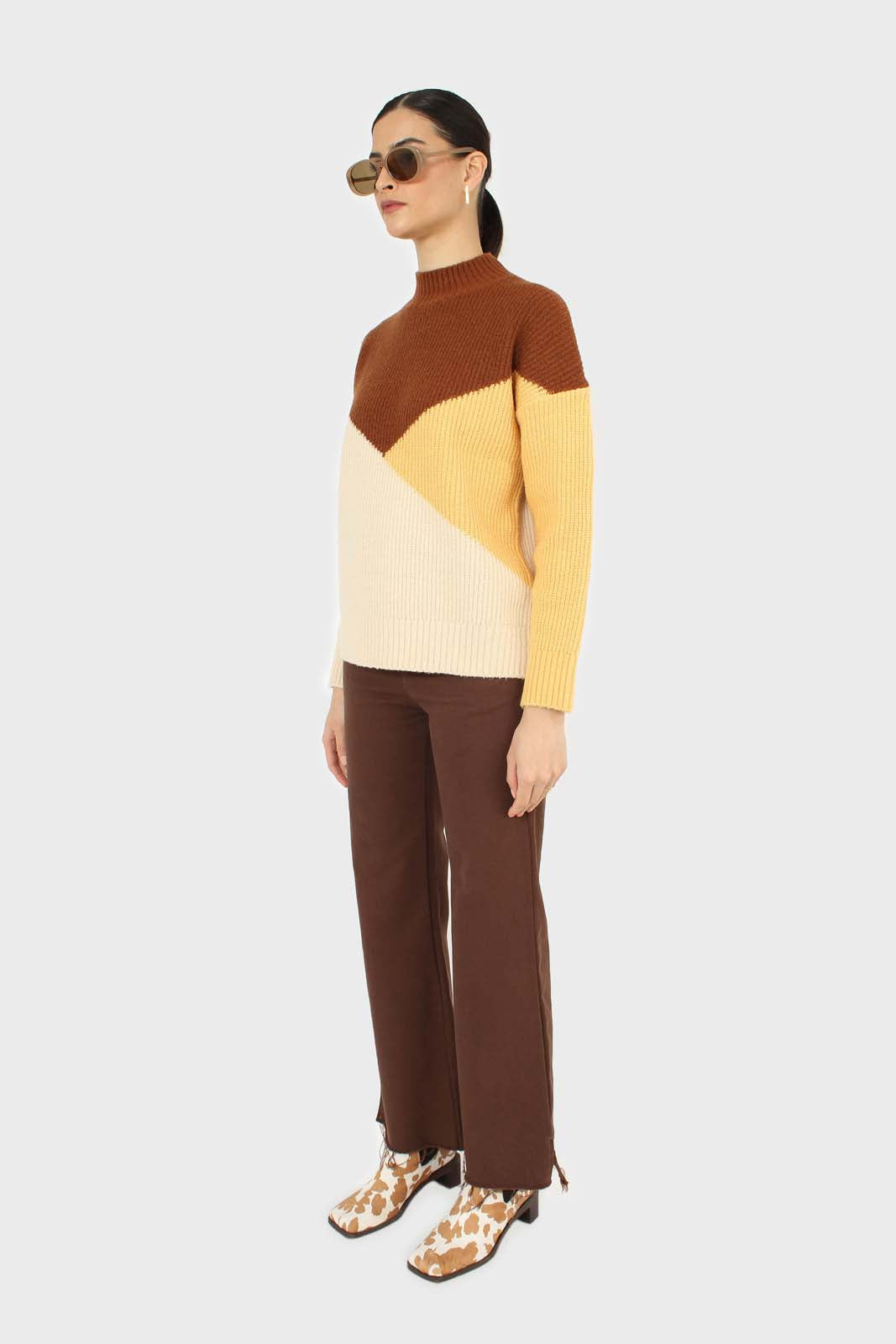 Brown and yellow diagonal block mock neck jumper_3