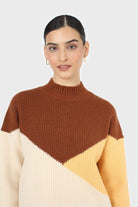 Brown and yellow diagonal block mock neck jumper_1