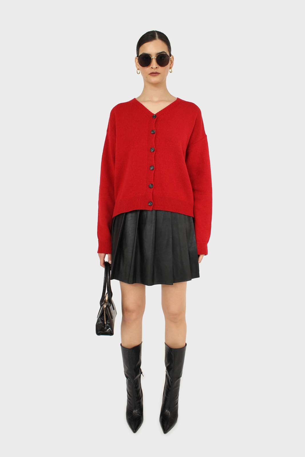 Black vegan leather large pleated mini skirt_4