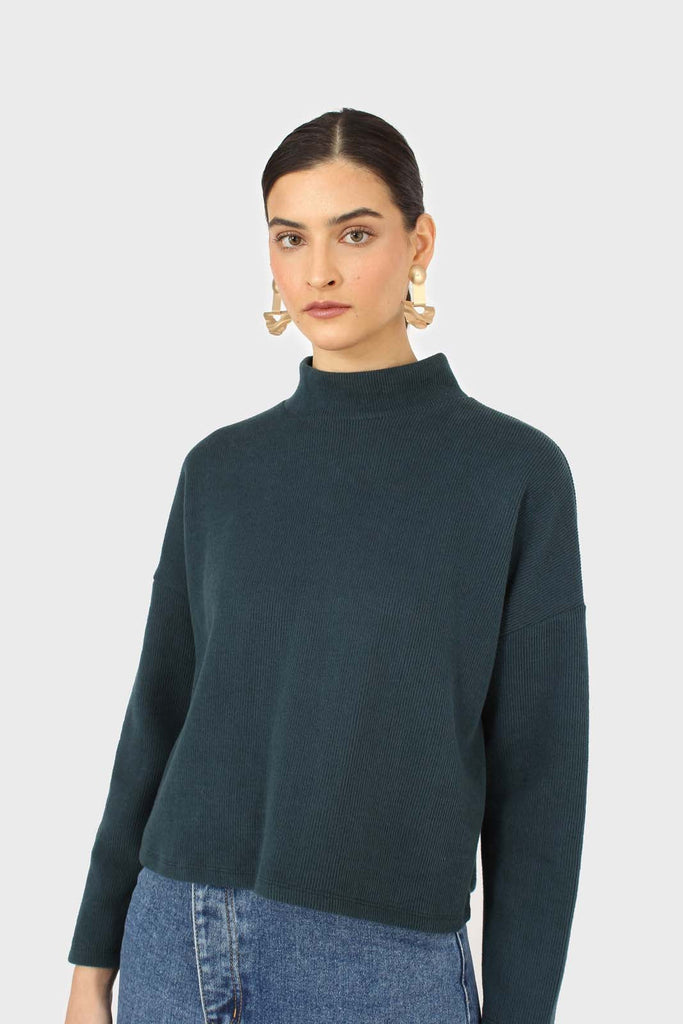Teal micro ribbed mock neck top_1