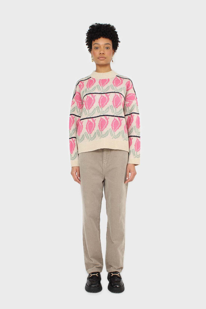 Oatmeal and pink intarsia tulip crew neck jumper_4