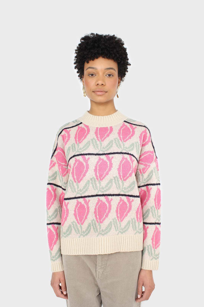 Oatmeal and pink intarsia tulip crew neck jumper_7