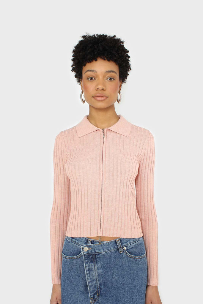 Pink zip up fitted knit top_7