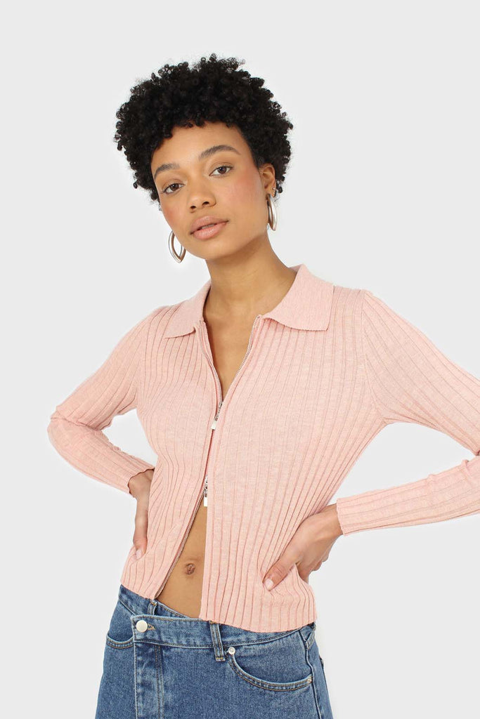 Pink zip up fitted knit top_1
