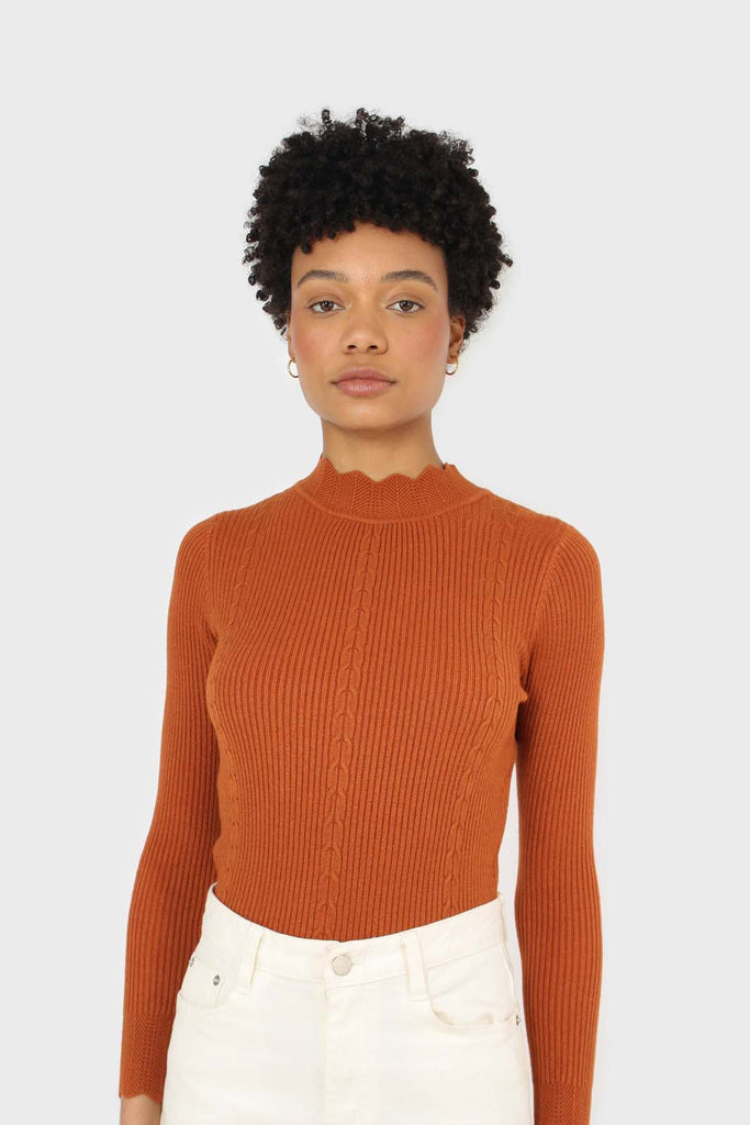 Burnt orange scalloped mock neck knit top_3