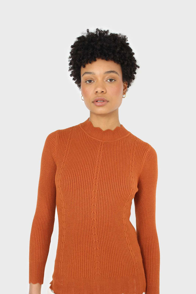 Burnt orange scalloped mock neck knit top_4