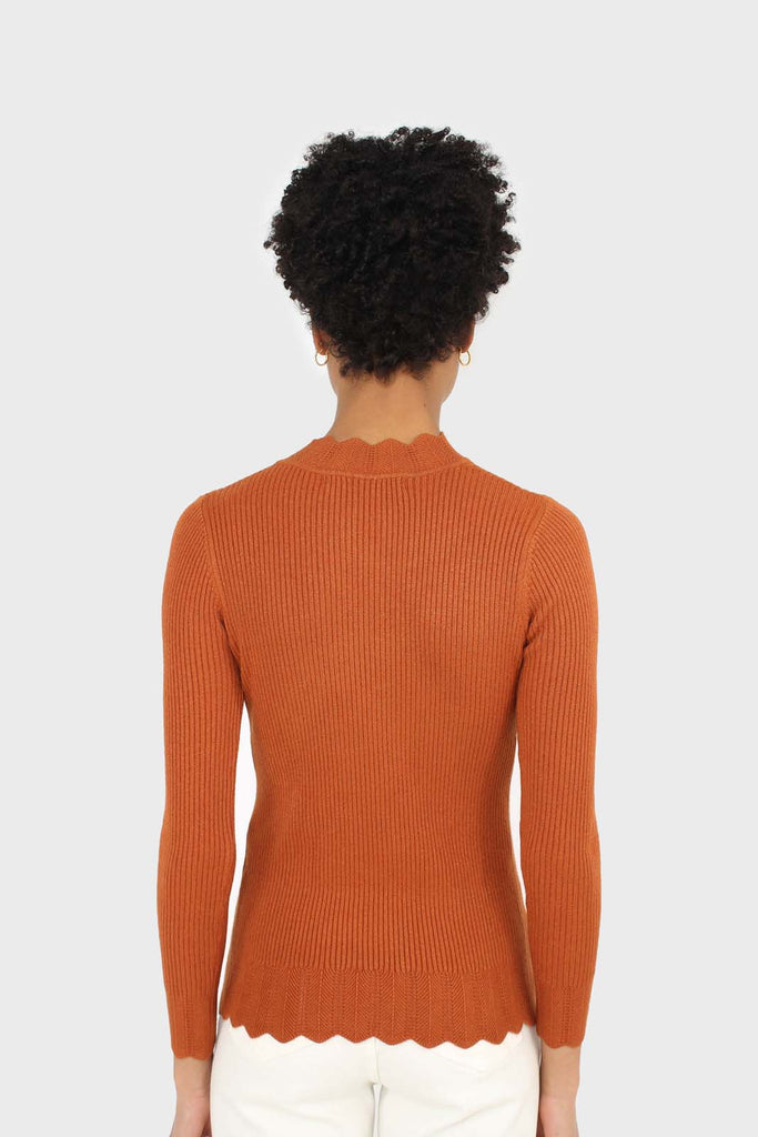 Burnt orange scalloped mock neck knit top_2