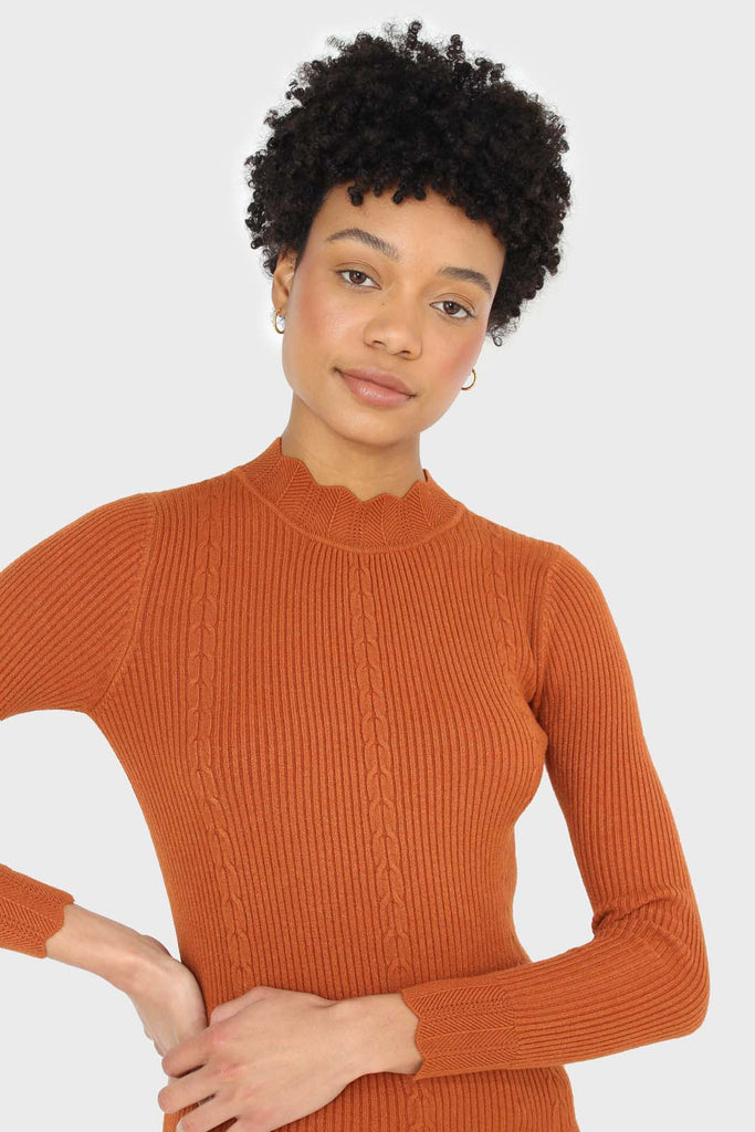 Burnt orange scalloped mock neck knit top_5