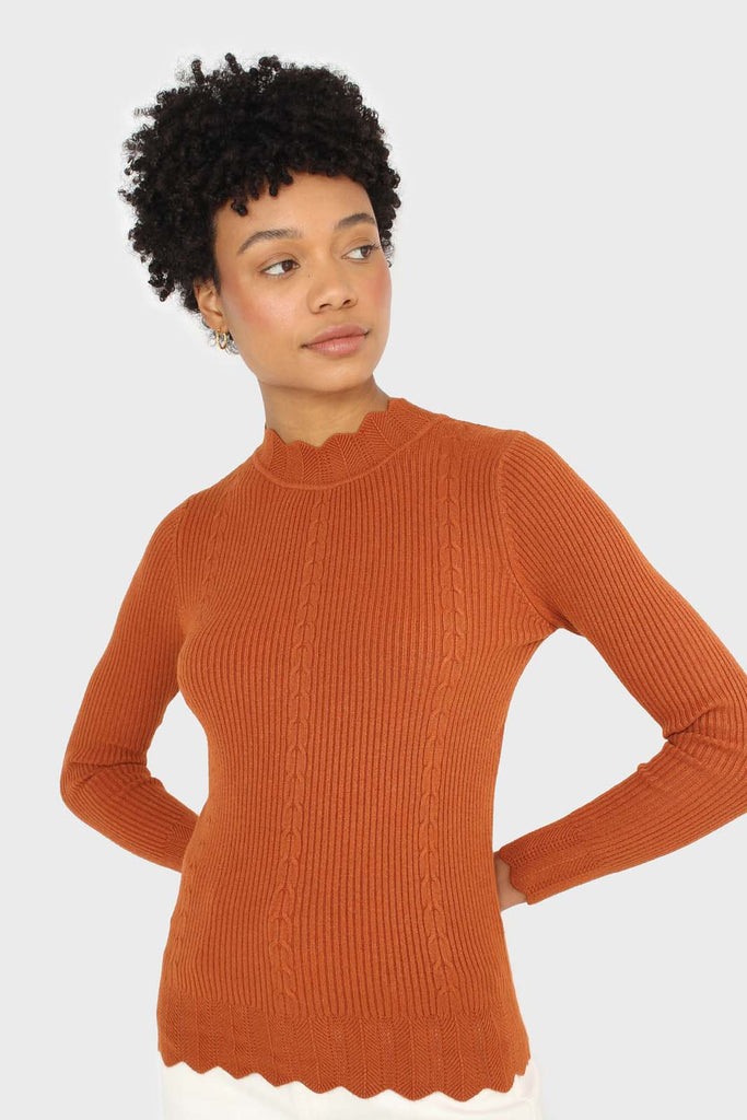 Burnt orange scalloped mock neck knit top_1