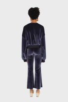 Navy smooth velvet pintuck bootcut trousers_3