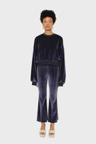 Navy smooth velvet pintuck bootcut trousers_1