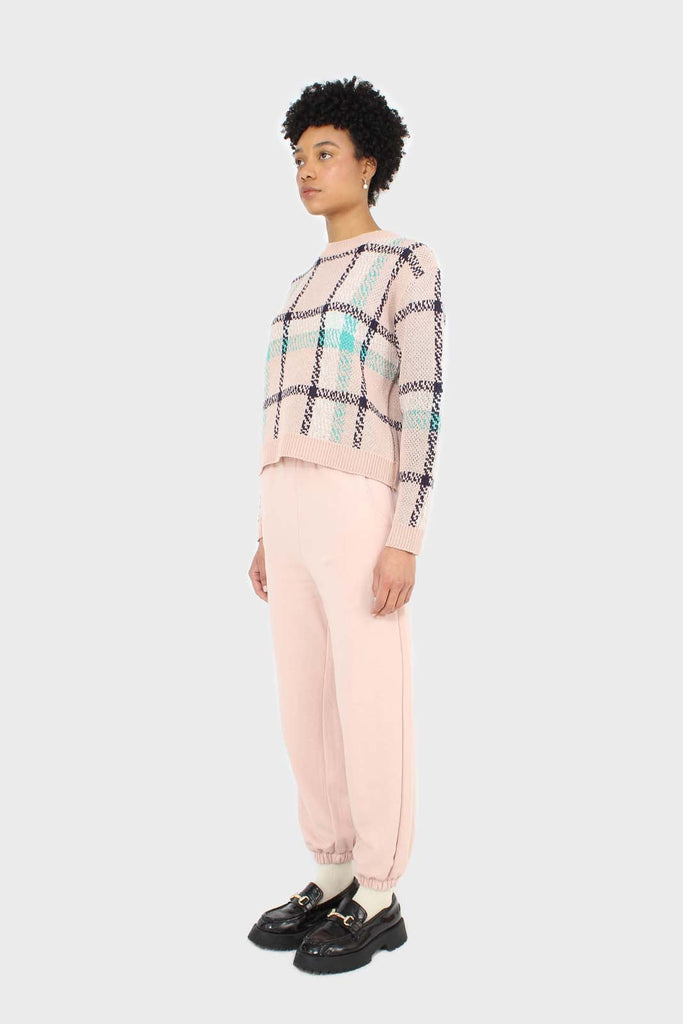 Baby pink and teal checked crew neck jumper_4