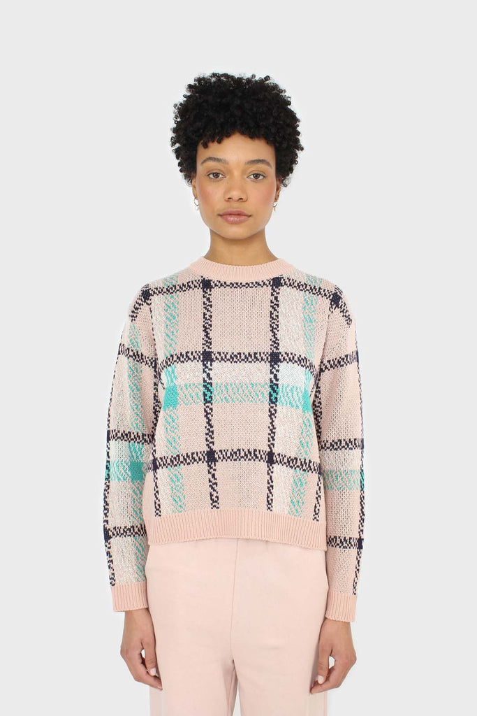 Baby pink and teal checked crew neck jumper_6