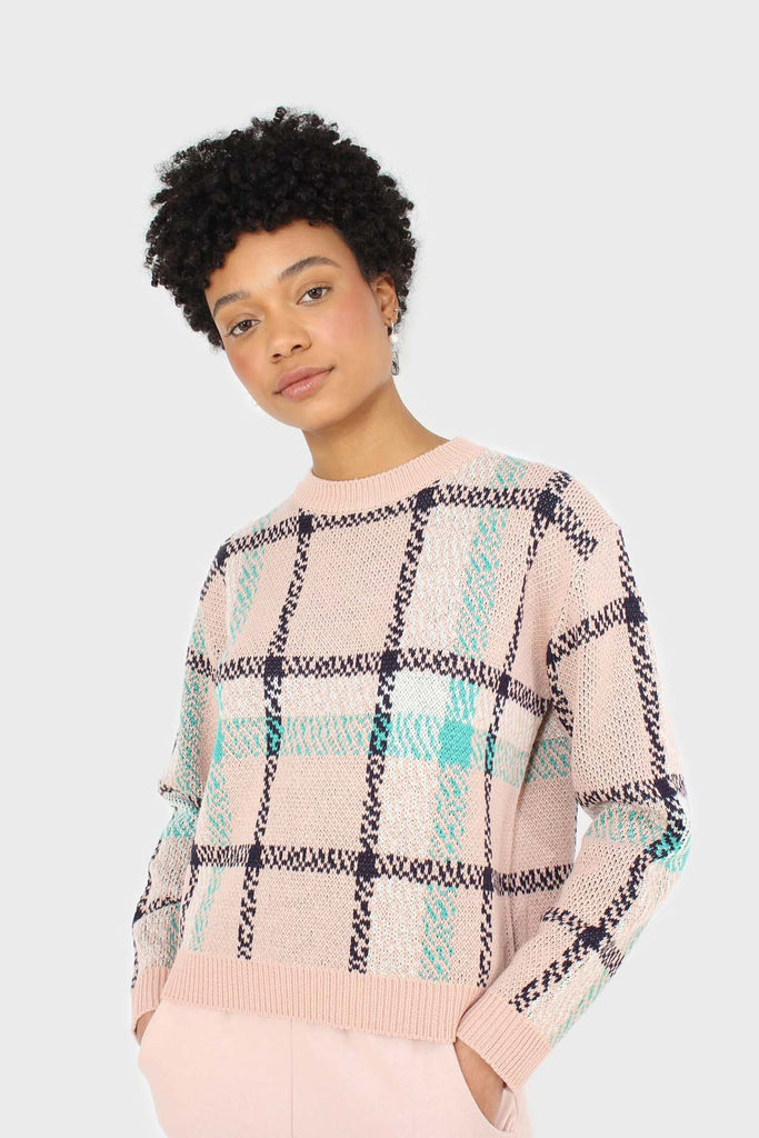 Baby pink and teal checked crew neck jumper_1