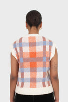 Ivory blue and orange brushed plaid sweater vest_3