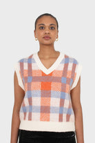 Ivory blue and orange brushed plaid sweater vest_4