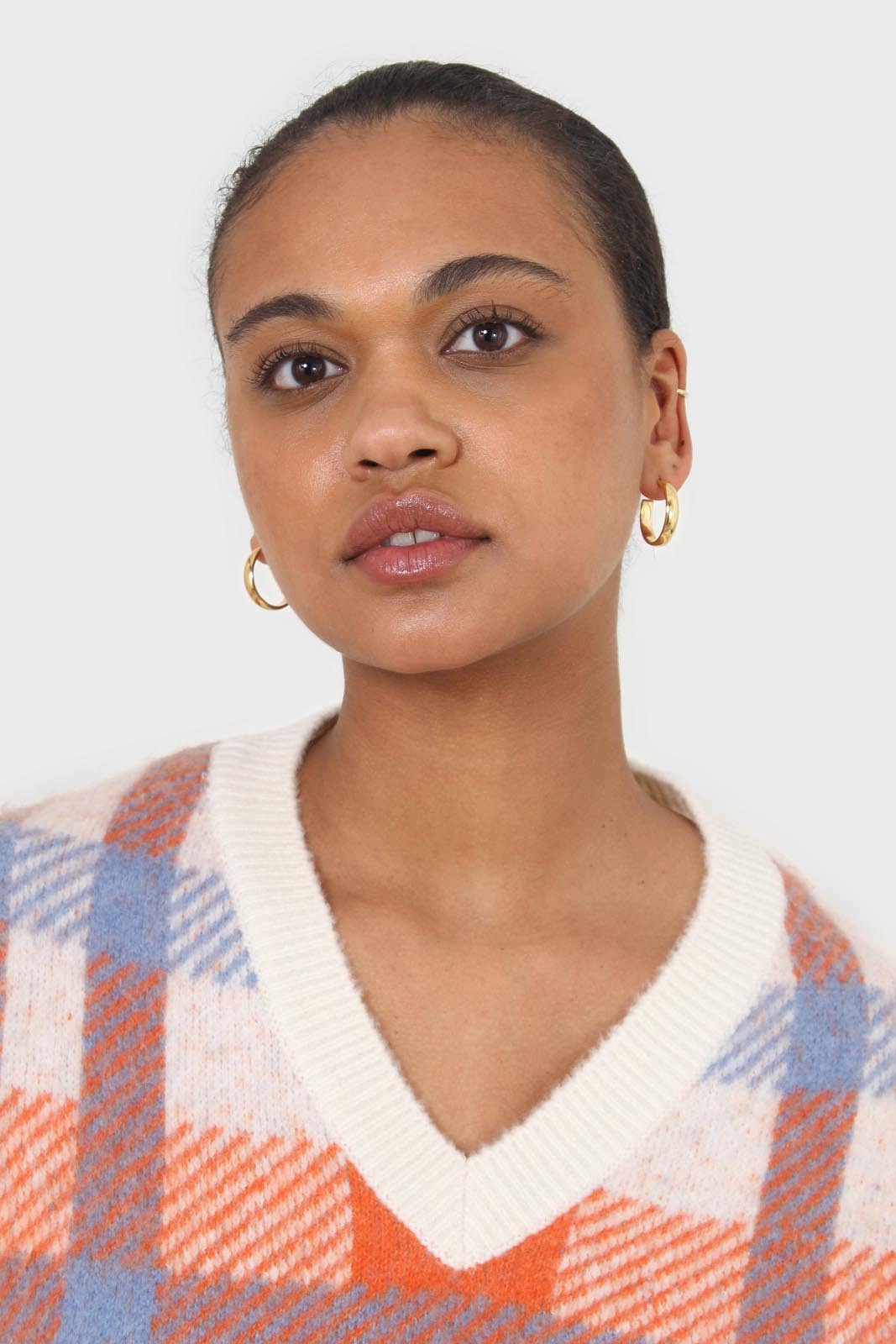 Ivory blue and orange brushed plaid sweater vest_2