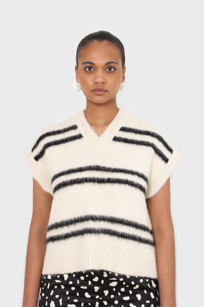 Ivory and black striped wool blend sweater vest_10
