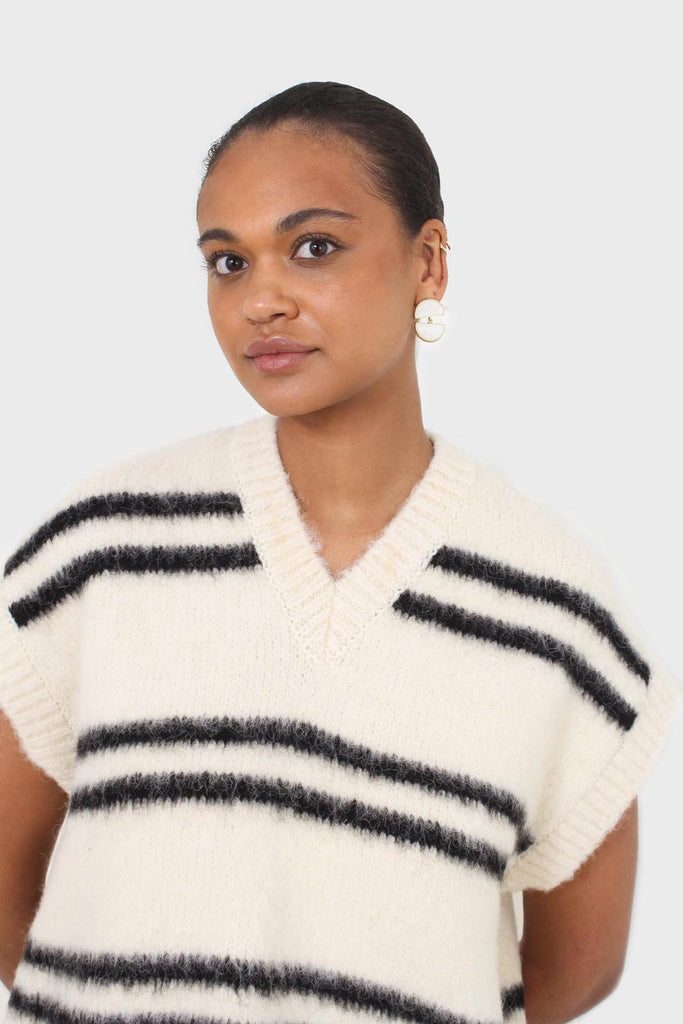 Ivory and black striped wool blend sweater vest_11