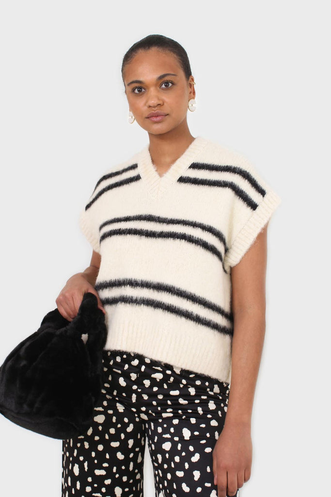 Ivory and black striped wool blend sweater vest_5