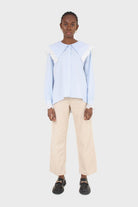 Blue large pointed collar cotton blouse_2