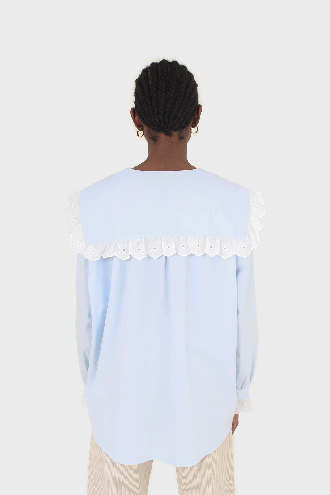 Blue large pointed collar cotton blouse_4