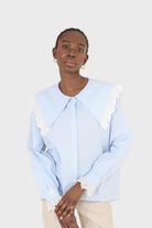 Blue large pointed collar cotton blouse_1