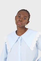 Blue large pointed collar cotton blouse_7