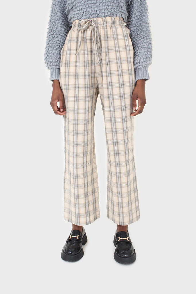 Beige and khaki plaid loose fit trousers_1