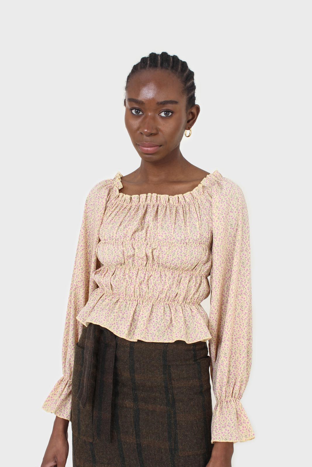 Yellow floral smocked crop blouse_3