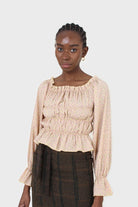 Yellow floral smocked crop blouse_3